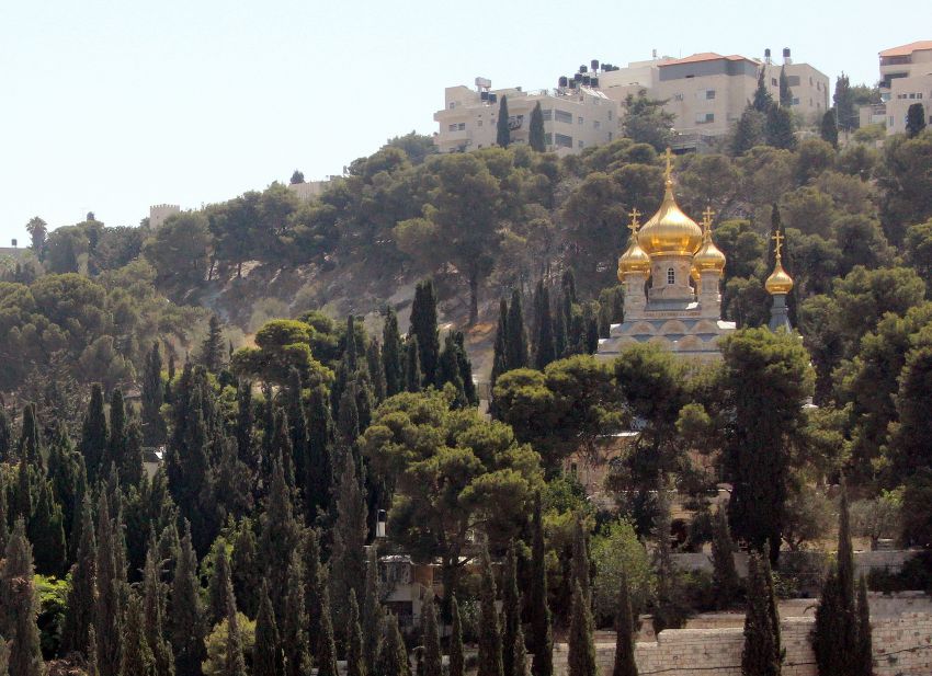 Прочие страны, Израиль, Иерусалим - Масличная гора. Гефсиманский монастырь Марии Магдалины, фотография. общий вид в ландшафте, На Масличной горе