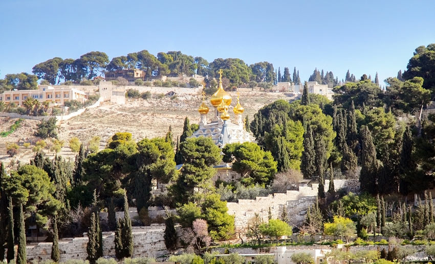 Иерусалим - Масличная гора. Гефсиманский монастырь Марии Магдалины. общий вид в ландшафте, Вид с юго-запада, от монастыря св. Стефана.