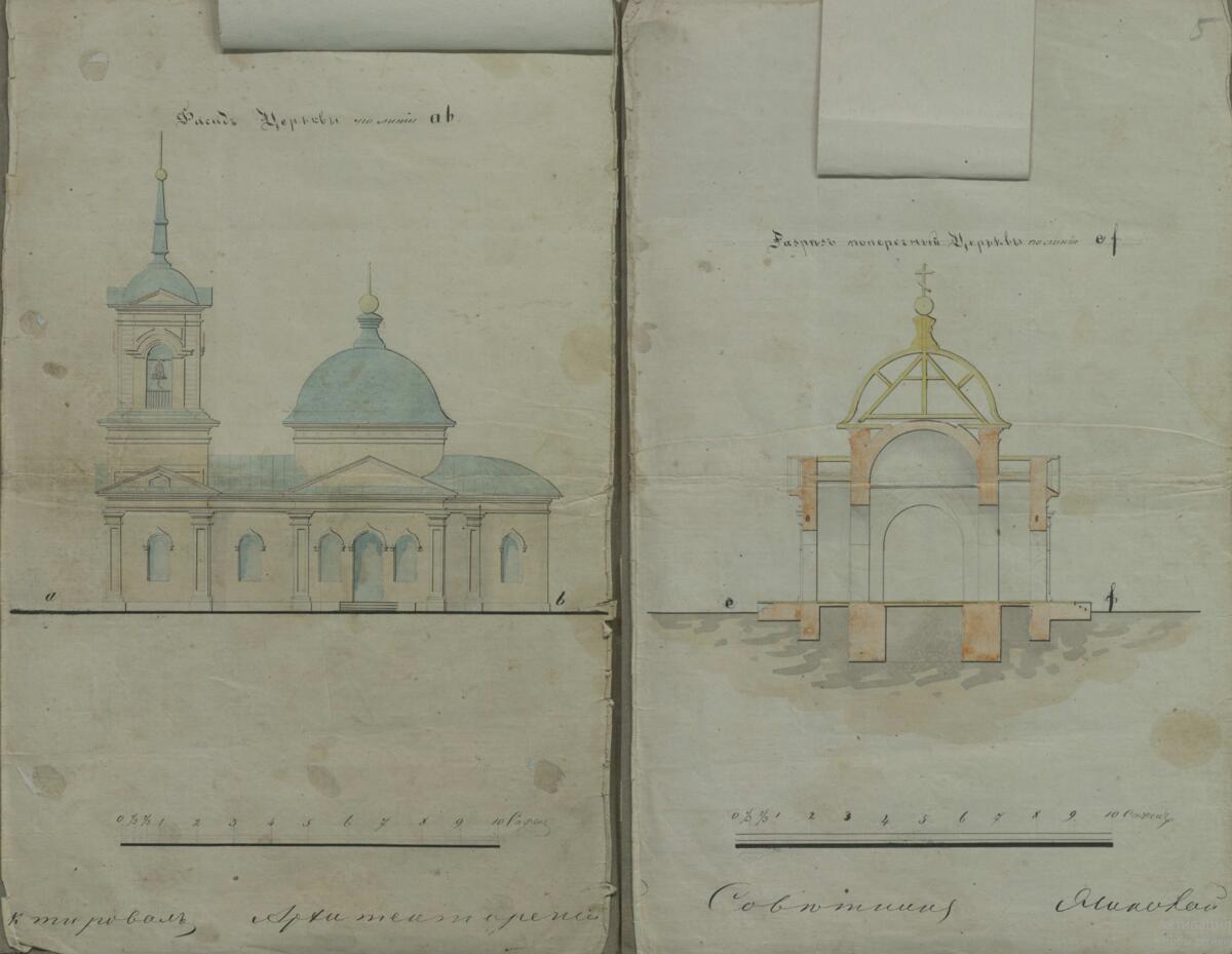 2)	ГАКО, Ф.20. Оп. 2. Д. 354. Проект каменной Рождество-Богородицкой церкви в хут. Безымянном приписанном к Соборной Успенской церкви г. Грайворона архитектурный помощник Н. Потресов июнь 1872 г., архитектурные детали. Церковь Рождества Пресвятой Богородицы, Безымено (Грайворонский район, Белгородская область)