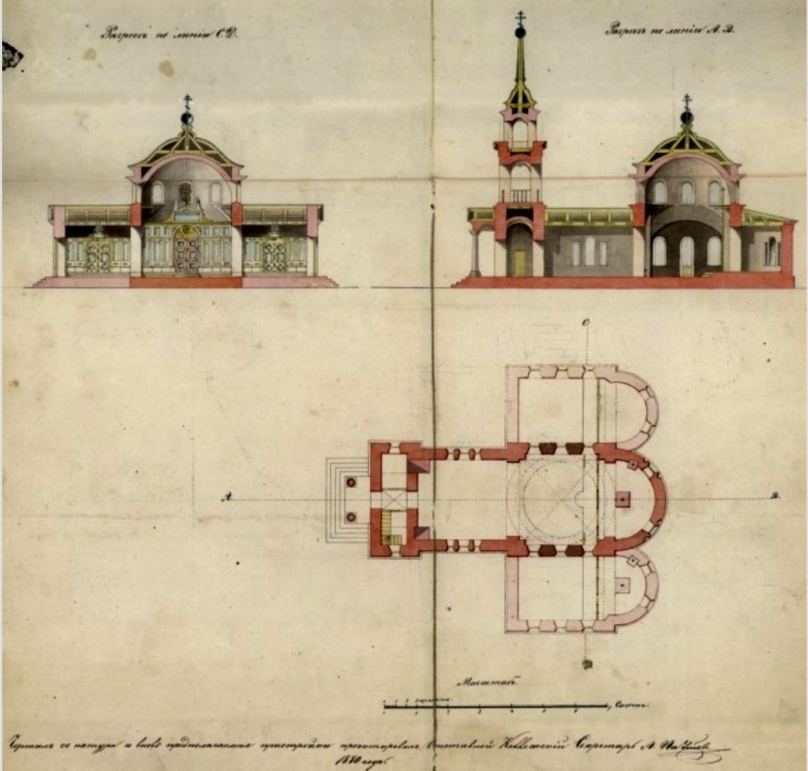 План перестройки храма 1880г. https://maima.cerkov.ru/majma-pravoslavnaya-ili-cerkov-soshestviya-svyatogo-duxa-s-majma-starejshij-xram-gornogo-altaya/, архивная фотография. Церковь Сошествия Святого Духа, Майма (Майминский район, Республика Алтай)