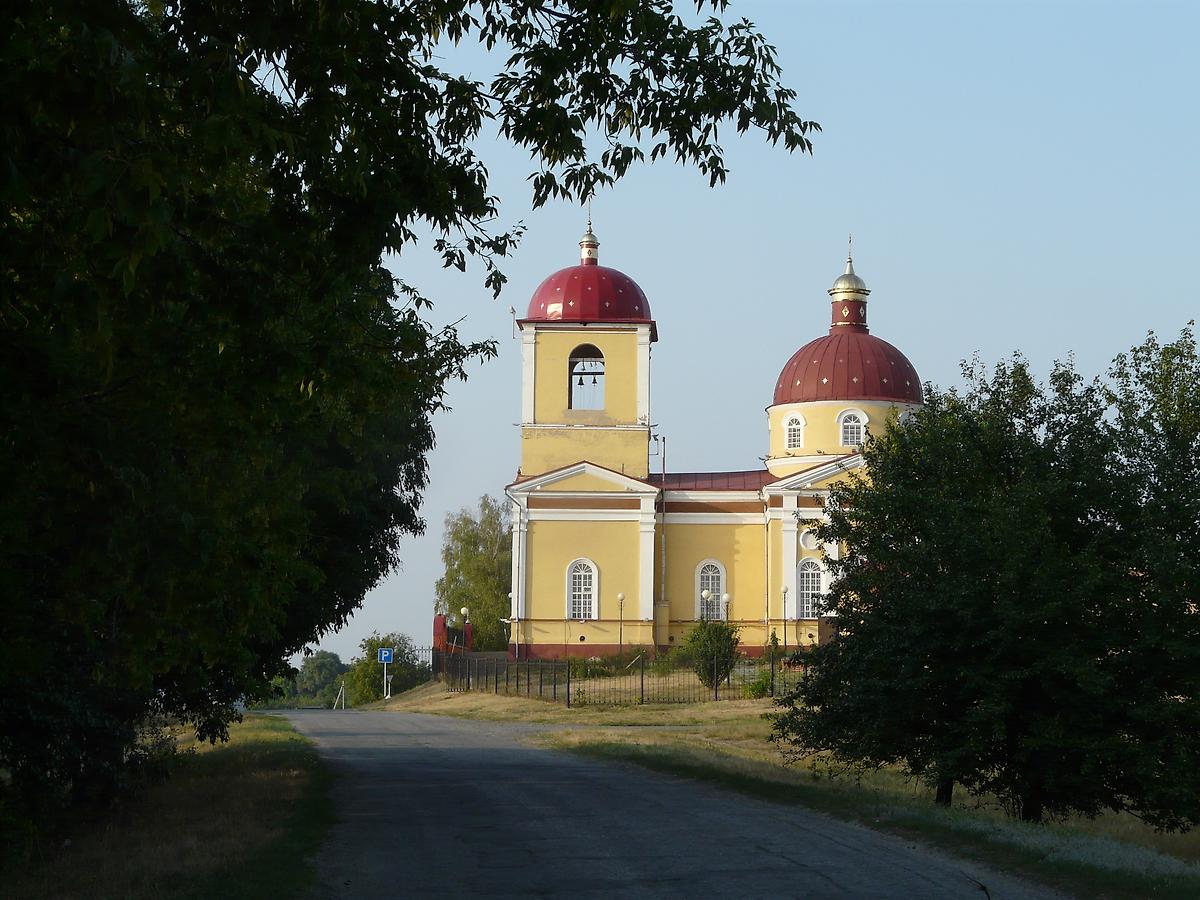 общий вид в ландшафте. Церковь Казанской иконы Божией Матери, Плоское (Корочанский район, Белгородская область)