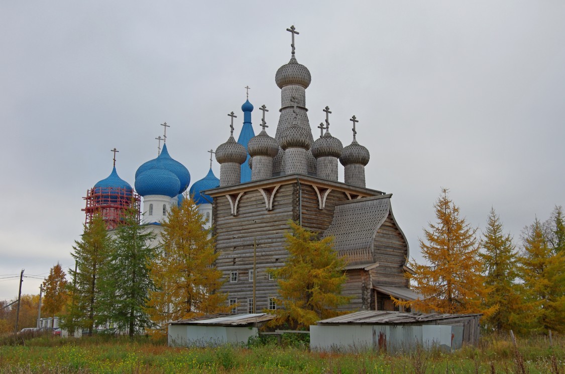 Рикасово (Заостровье). Храмовый комплекс. Церкви Сретения Господня и Покрова Пресвятой Богородицы. фасады, вид с северо-запада