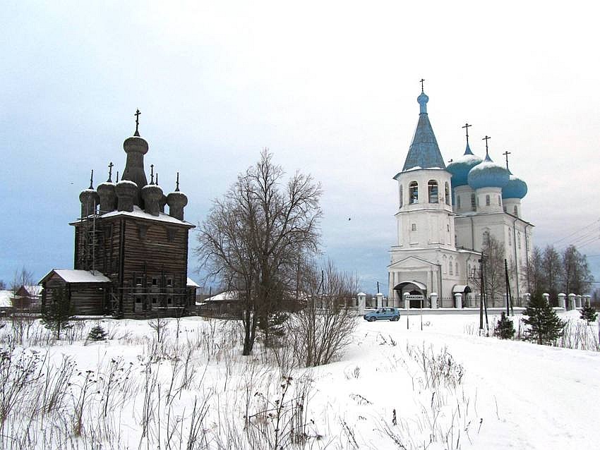 Храмовый комплекс. Церкви Сретения Господня и Покрова Пресвятой Богородицы, Рикасово (Заостровье) (Приморский район, Архангельская область). общий вид в ландшафте, вид с юго-запада