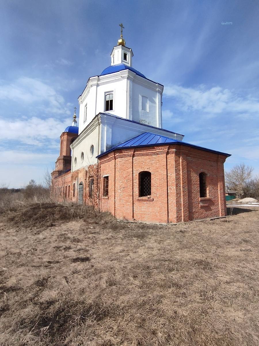 общий вид в ландшафте. Церковь Михаила Архангела, Петровское (Измалковский район, Липецкая область)