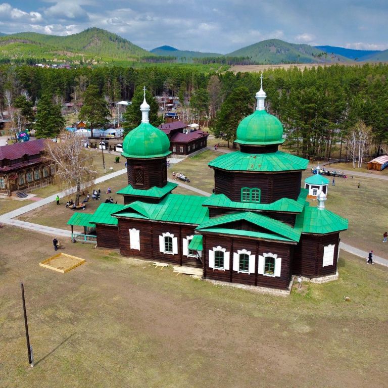 Этнографический музей народов Забайкалья. Церковь Николая Чудотворца из села Никольск, Верхняя Берёзовка (Улан-Удэ, город, Республика Бурятия). фасады, С воздуха