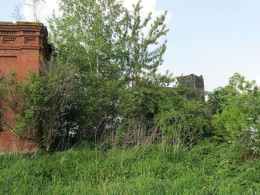 Церковь Троицы Живоначальной, Горки (Вяземский район, Смоленская область). фасады, вид с юга, слева - юго-восточный угол кирпичной трапезной, правее - остатки деревянной церкви