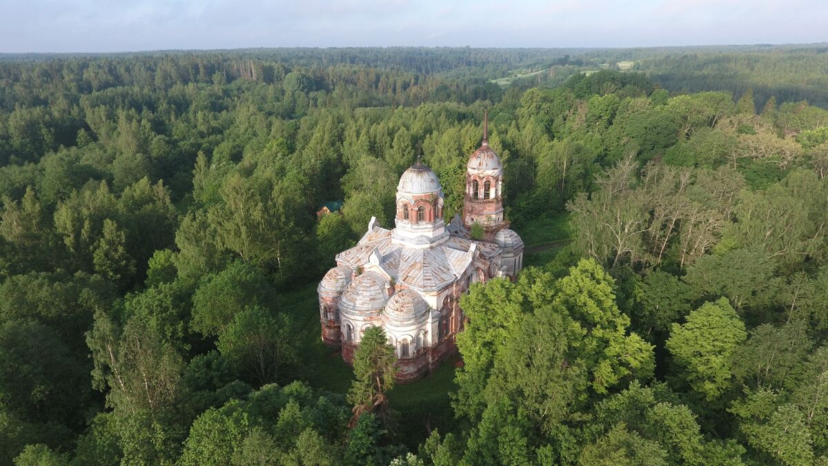 Церковь Троицы Живоначальной, Язвищи (Окуловский район, Новгородская область). общий вид в ландшафте, аэросъемка, обзор вид сверху