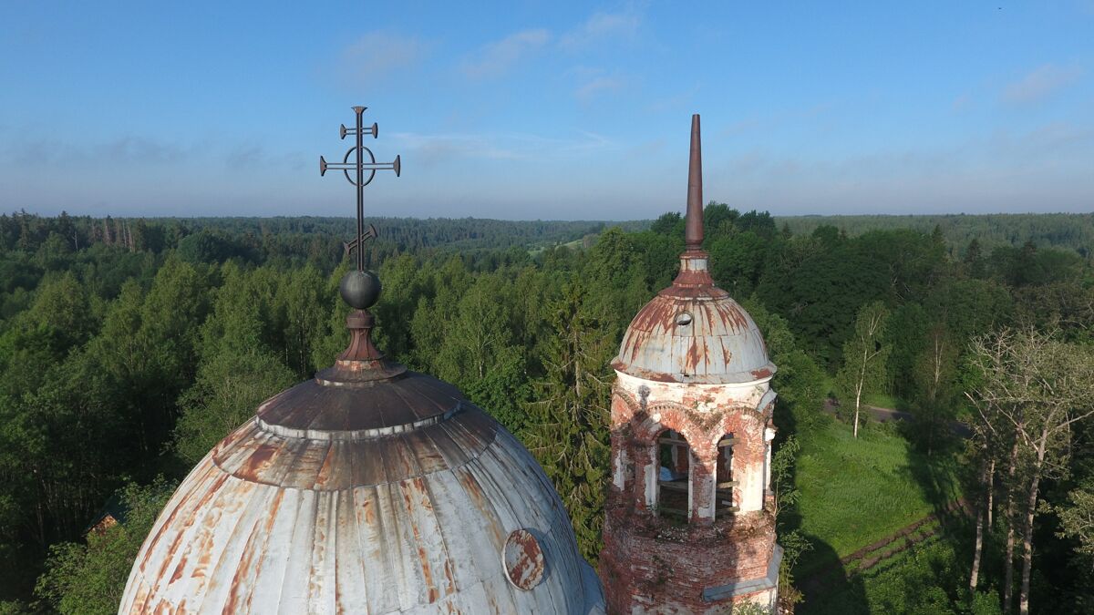 Церковь Троицы Живоначальной, Язвищи (Окуловский район, Новгородская область). архитектурные детали, аэросъемка, обзор вид сверху