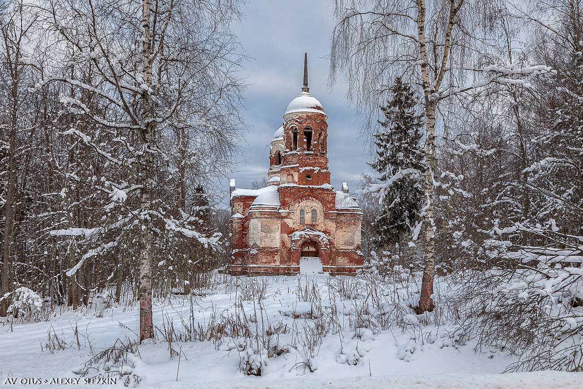 общий вид в ландшафте. Церковь Троицы Живоначальной, Язвищи (Окуловский район, Новгородская область)