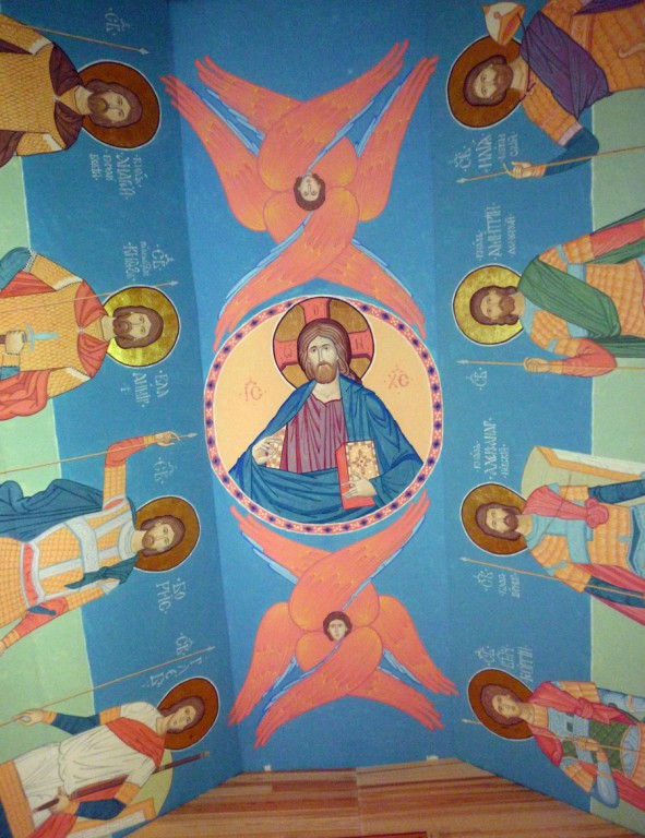 Церковь Георгия Победоносца, Кашино (Сысертский район (Сысертский ГО и Арамильский ГО), Свердловская область). интерьер и убранство, Роспись потолка. Слева и справа от Иисуса Христа: св. вмч. Георгий Победоносец, св. Илья Муромский, свв. князья Андрей Боголюбский, Владимир, Борис, Глеб, Дмитрий Донской, Александр Невский