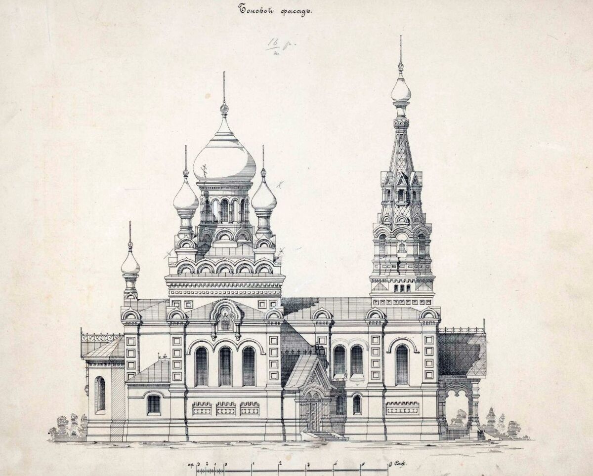 Церковь Рождества Пресвятой Богородицы (каменная), Жеремино (Суворовский район, Тульская область). графика, Чертеж бокового фасада церкви (РГИА, Фонд 835, Опись 1, Дело 191)