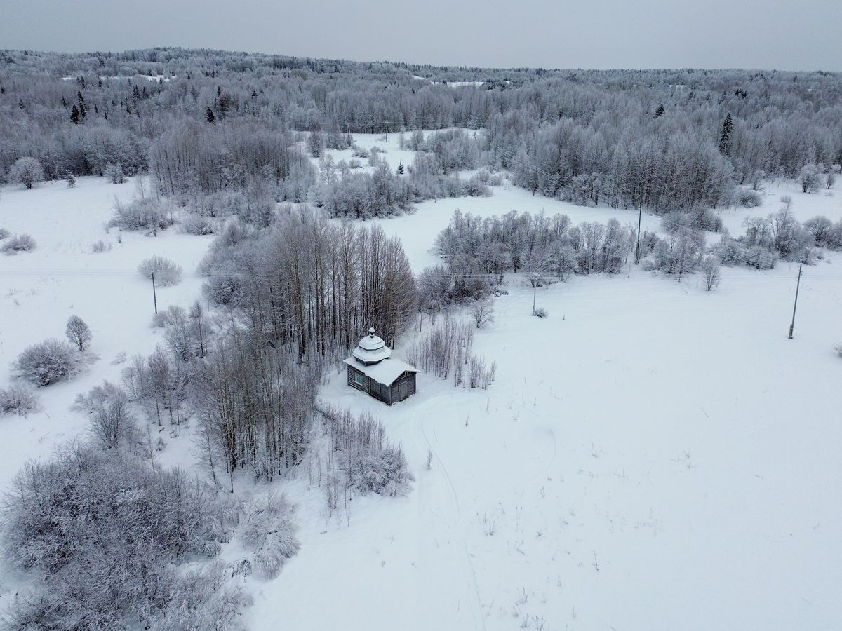 общий вид в ландшафте. Часовня Филиппа, митрополита Московского, Павловский Бор (Онежский район, Архангельская область)