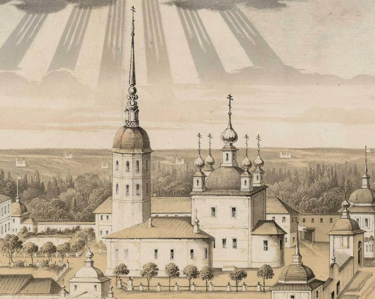 Церковь в 1877 году. Фрагмент литографии из фондов РГБ., графика. Исааковский Рождество-Богородицкий монастырь. Церковь Рождества Богородицы, Пустынь (Первомайский район, Ярославская область)
