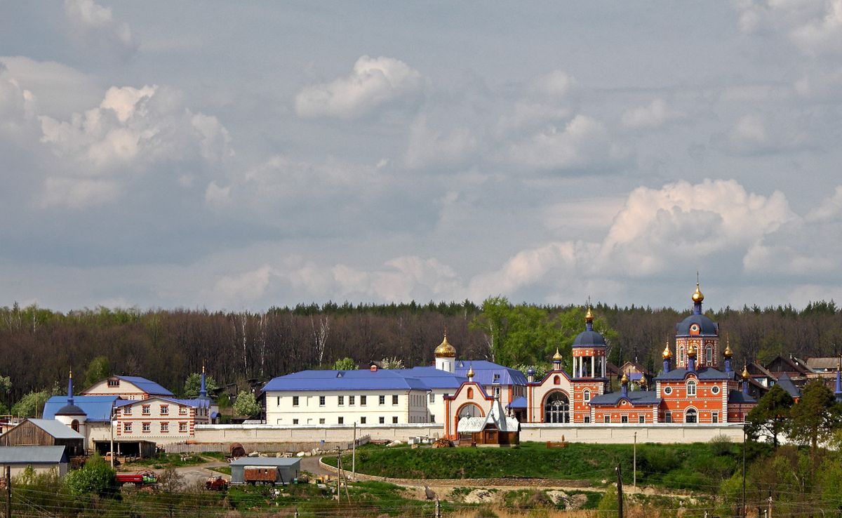общий вид в ландшафте. Богородице-Казанский Жадовский мужской монастырь, Самородки (Барышский район, Ульяновская область)