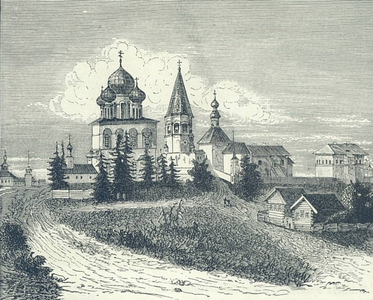 Ансамбль Архиерейского двора, Холмогоры (Холмогорский район, Архангельская область). графика, Спасо-Преображенский собор и Успенский монастырь с северной стороны. Гравюра из книги 