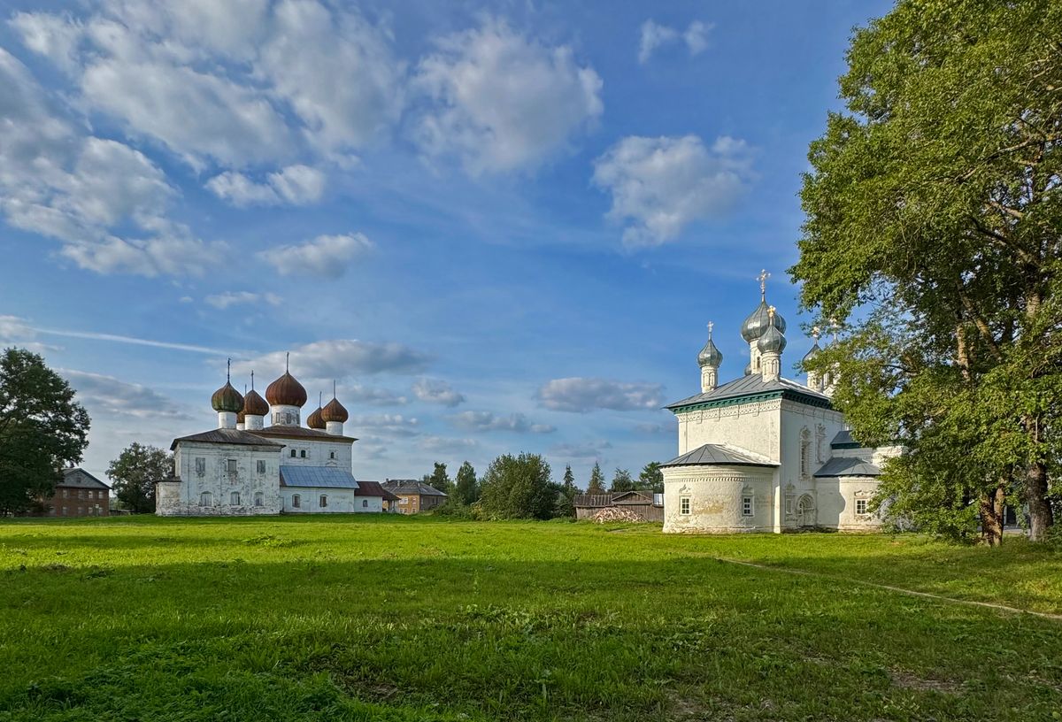 Вид с севера, общий вид в ландшафте. Храмовый комплекс Старого торга, Каргополь (Каргопольский район, Архангельская область)