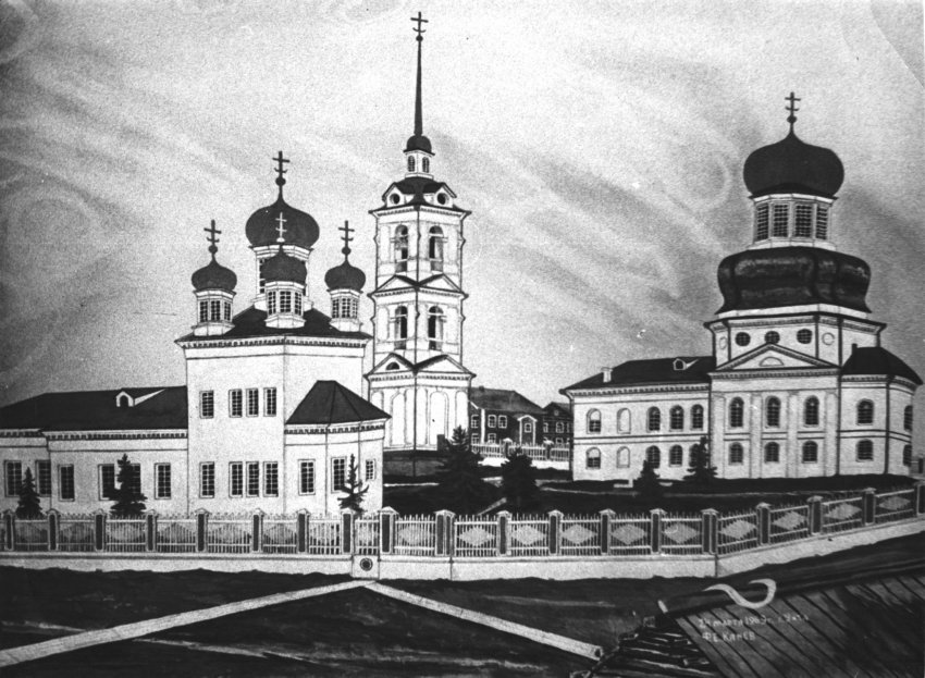 Храмовый комплекс. Церкви Преображения Господня и Успения Пресвятой Богородицы, Ижма (Ижемский район, Республика Коми). архивная фотография, рисунок по фотографии