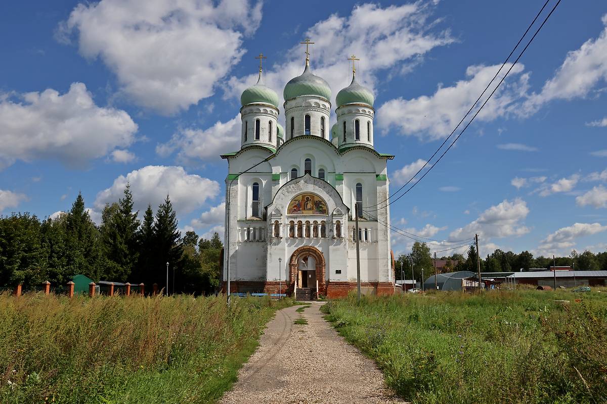 общий вид в ландшафте. Женская община иконы Божией Матери "Отрада и утешение". Собор Успения Пресвятой Богородицы, Добрыниха (Домодедовский городской округ, Московская область)