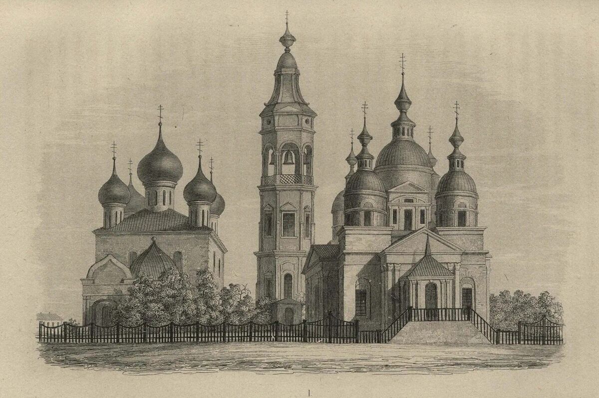 Храмовый комплекс. Церкви Илии Пророка и Димитрия Солунского, Кубенское (Вологодский район, Вологодская область). архивная фотография, Гравюра по рисунку Иоганна Блазиуса 1840-1841 года.