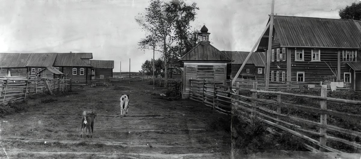 Часовня в застройке деревни Пянтино, 1957 год. Фото из архива М.И. Коротких, onegaonline.ru, архивная фотография. Часовня Модеста и Власия, Чекуево (Онежский район, Архангельская область)