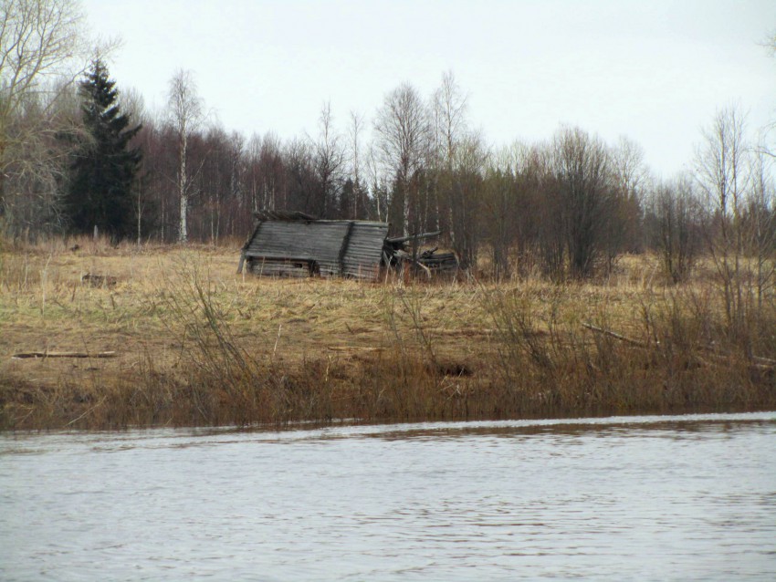 Пирзапельда (Кирилловская). Часовня Петра и Павла. общий вид в ландшафте, Остатки деревни Пирзапельда. Часовня стояла справа от развалин.