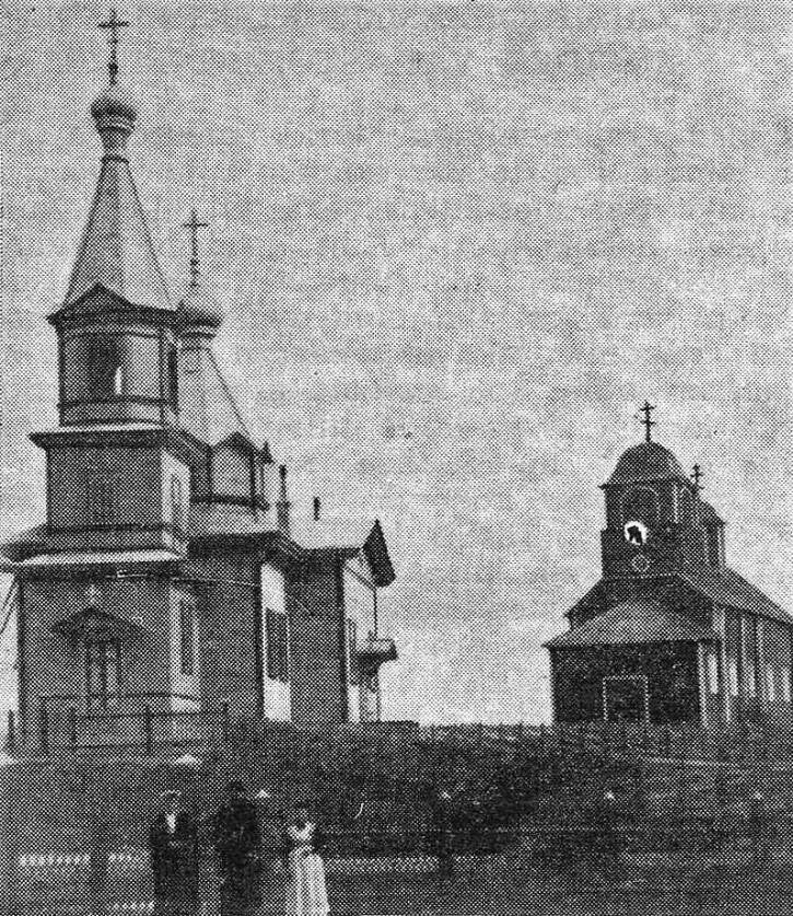 Церковь Николая Чудотворца, Корписелька (Суоярвский район, Республика Карелия). архивная фотография, Фото 1899 года с сайта korpiselka.fi. Справа - старая церковь, перенесённая в 1903 году в Ягляярви