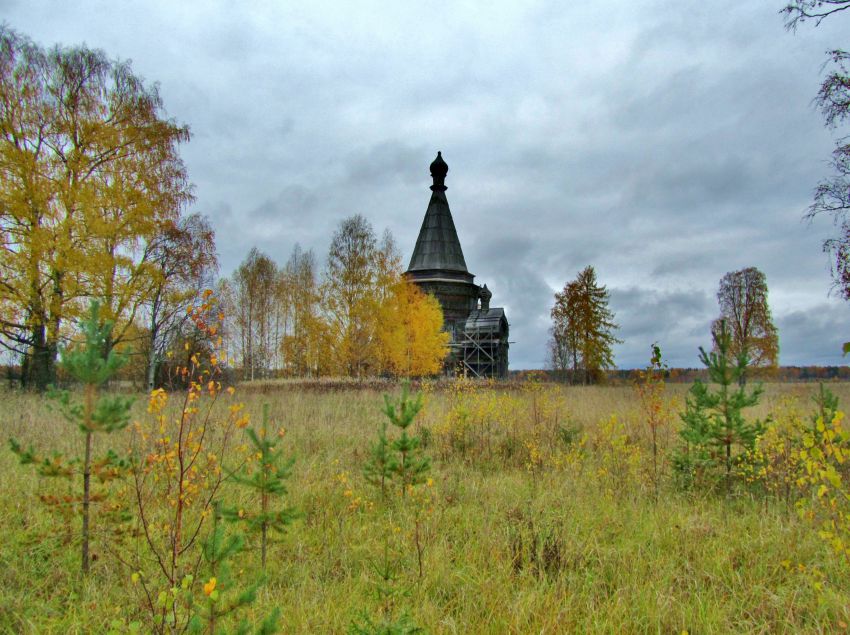 Церковь Рождества Пресвятой Богородицы, Красная Ляга, урочище (Каргопольский район, Архангельская область). дополнительная информация, церковище Богородице-Рождественской церкви на фоне Сретено-Михайловской церкви, вид с юга