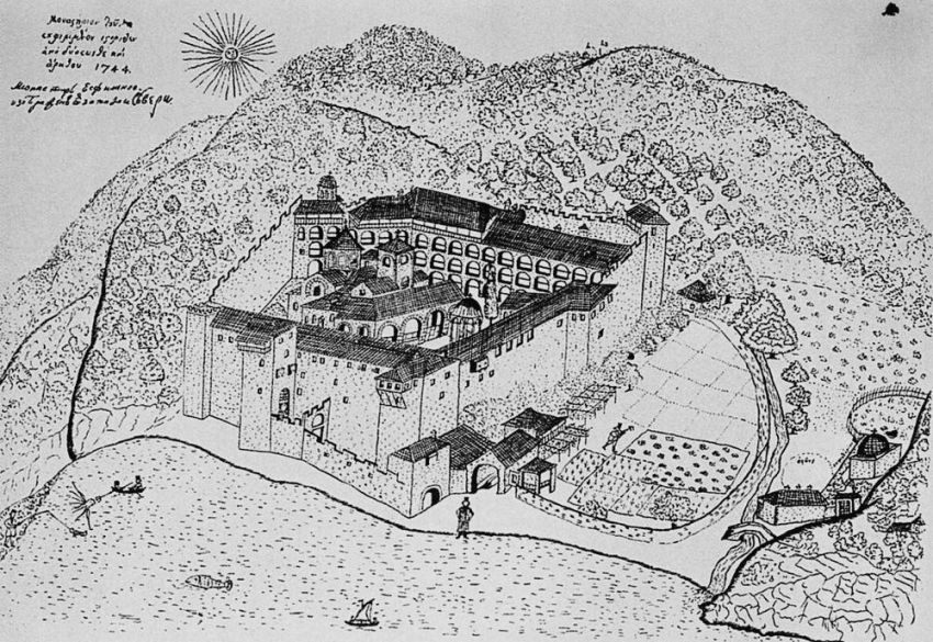 Монастырь Эсфигмен, Афон (Ἀθως) (Айон-Орос (Άγιον Όρος), Греция). графика, Эскиз В.Г.Барского, 1744г., с сайта http://svavva.ru/pravoslavie/slovari/afon-esfigmen-grech-