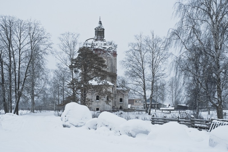 Церковь Владимирской иконы Божией Матери, Заручевская (Вельский район, Архангельская область). общий вид в ландшафте