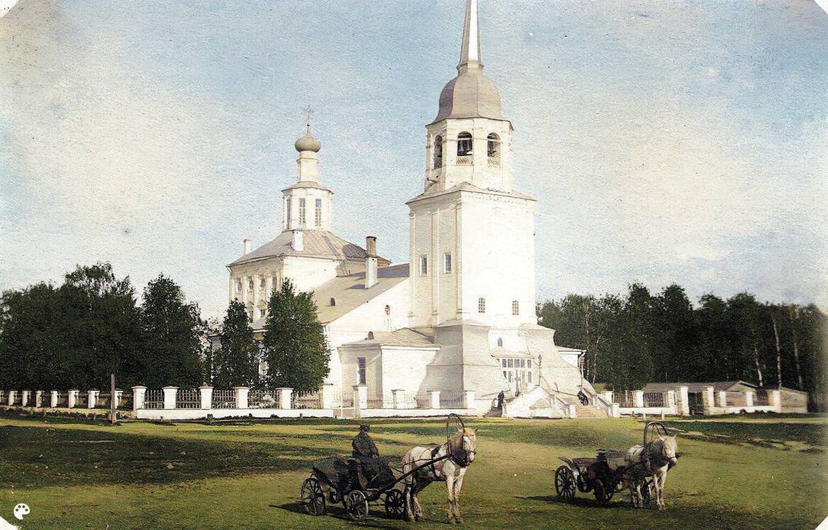 Собор Преображения Господня в Соломбале (старый), Архангельск (Архангельск, город, Архангельская область). архивная фотография, Раскрашенная почтовая фотокарточка 1900-х годов.