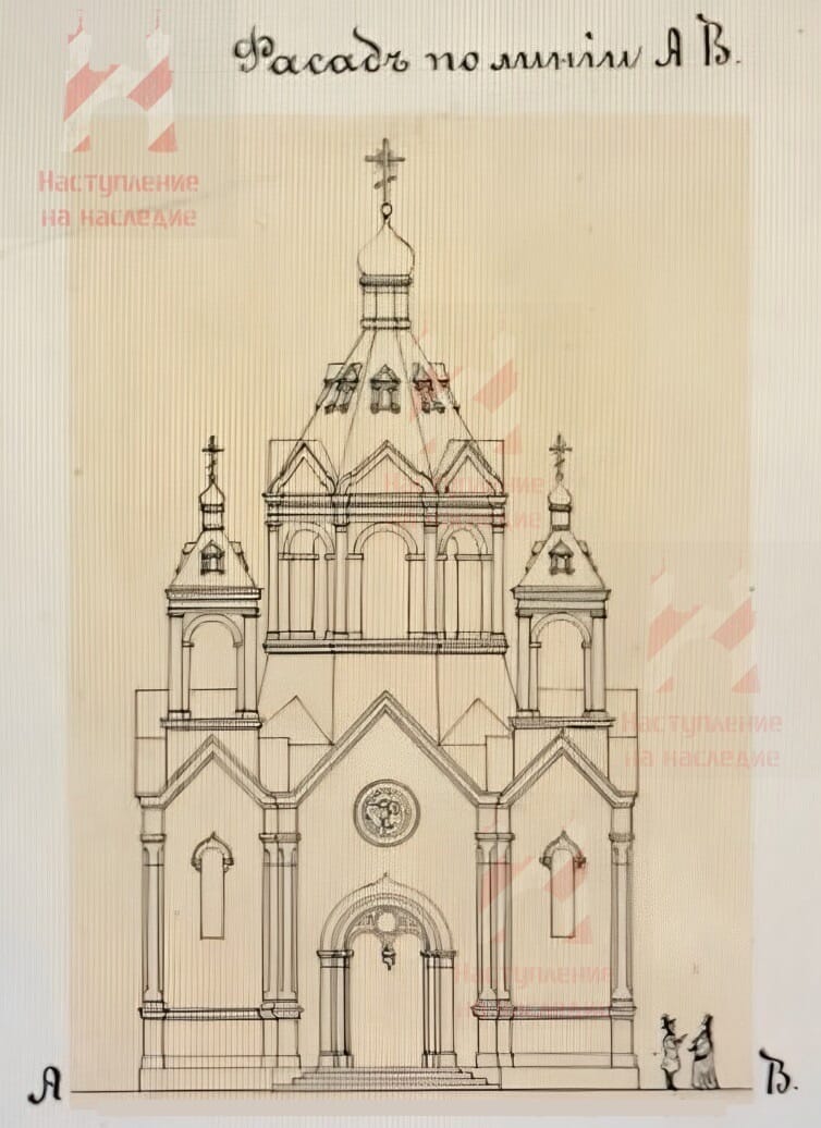 Фасад Смоленской церкви. Источник: hram-tver.ru, графика. Церковь Смоленской иконы Божией Матери на Смоленском кладбище, Ржев (Ржевский район и г. Ржев, Тверская область)