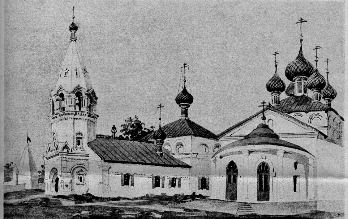 Собор Троицы Живоначальной, Городец (Городецкий район, Нижегородская область). архивная фотография, Соборный комплекс в селе Городце Балахинского у. Нижегородской г.: Троицкий и Никольский храмы. Рисунок Л.В. Даля 1869 года опубликован В. Сусловым: Памятники древнерусского искусства. Вып.1. СПб., 1908. С.: 25-26.