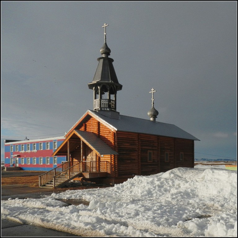 Белушья Губа. Церковь Николая Чудотворца (новая). общий вид в ландшафте