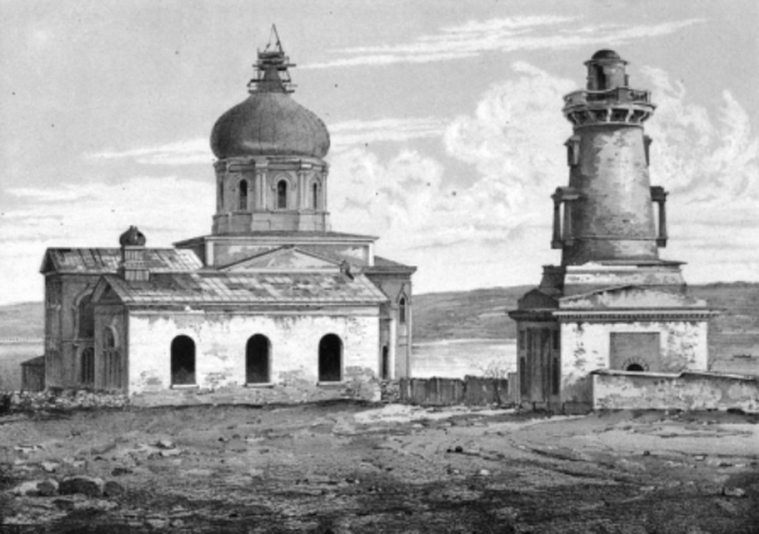 Собор Николая Чудотворца, Севастополь (Ленинский район, г. Севастополь). архивная фотография, Минное адмиралтейство. Вид с улицы Екатерининской.  Справа - Минная башня, слева на переднем плане - храм святого Архистратига Михаила, за ним - Адмиралтейский собор святителя Николая (с недостроенным куполом). 1856 г.
