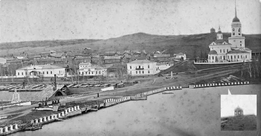 Екатеринбург. Часовня Вознесения Господня в Нижне-Исетске. архивная фотография, Вид Нижнеисетского завода с Казанской церковью и Вознесенской часовней. Фото с сайта нижнеисетской Казанской церкви (выкадрировка часовни моя)