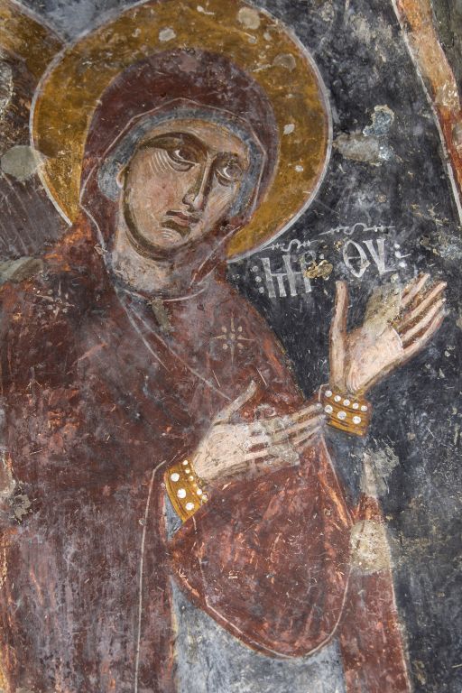 Неизвестная  церковь, Нузал (Алагирский район, Республика Северная Осетия-Алания). интерьер и убранство, Деисус. Богородица. Фреска конец XIII - начало XIV вв.