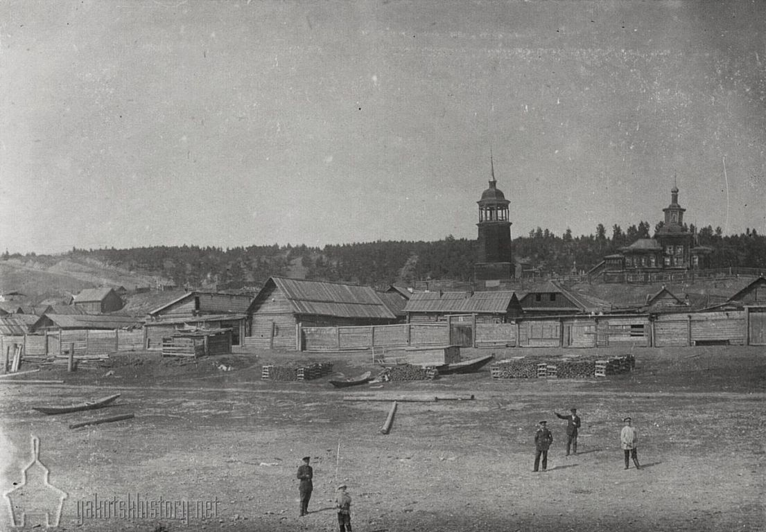 Олёкминск. Церковь Спаса Преображения. архивная фотография, Вид храма с р. Лена. Автор снимка В.И Йохельсон, 15 августа 1900 г. Источник: А.Г. Клюге «По Лене (Путевыя заметки и наблюдения)»