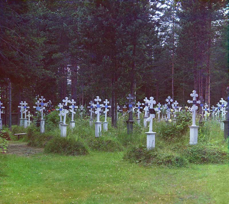 Иоанно-Предтеченский Леушинский женский монастырь. Церковь Успения Пресвятой Богородицы в Успенском скиту, Леушино (акватория Рыбинского водохранилища) (Череповецкий район, Вологодская область). архивная фотография, Кладбище при Успенском ските. Фотография С.М.Прокудина-Горского, 1909. 
http://photoprogulki.narod.ru/leushino1.htm . Оригинал:
http://cdn.loc.gov/service/pnp/prokc/20900/20999v.jpg