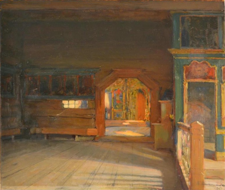 Интерьер церкви в 1915 г. Вид из трапезной. Картина Е.П. Шильниковского, ВГИАЗМЗ, графика. Церковь Рождества Пресвятой Богородицы (старая), Заячерицкий Погост (Устьянский район, Архангельская область)