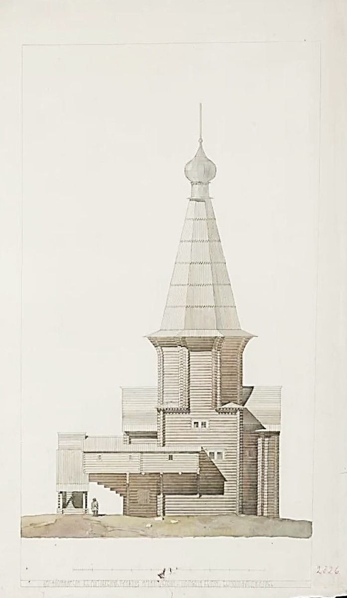 Церковь Флора и Лавра, Ростовское (Виноградовский район, Архангельская область). графика, Южный фасад. Обмерный чертёж Милеева Дмитрия Васильевича начала XX в из фондов Музея при Российской академии художеств. (Музейный № А-4274)