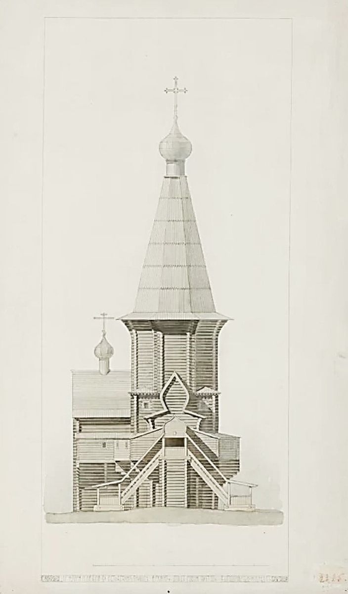 Церковь Флора и Лавра, Ростовское (Виноградовский район, Архангельская область). графика, Западный фасад. Обмерный чертёж Милеева Дмитрия Васильевича начала XX в из фондов Музея при Российской академии художеств. (Музейный № А-4275)