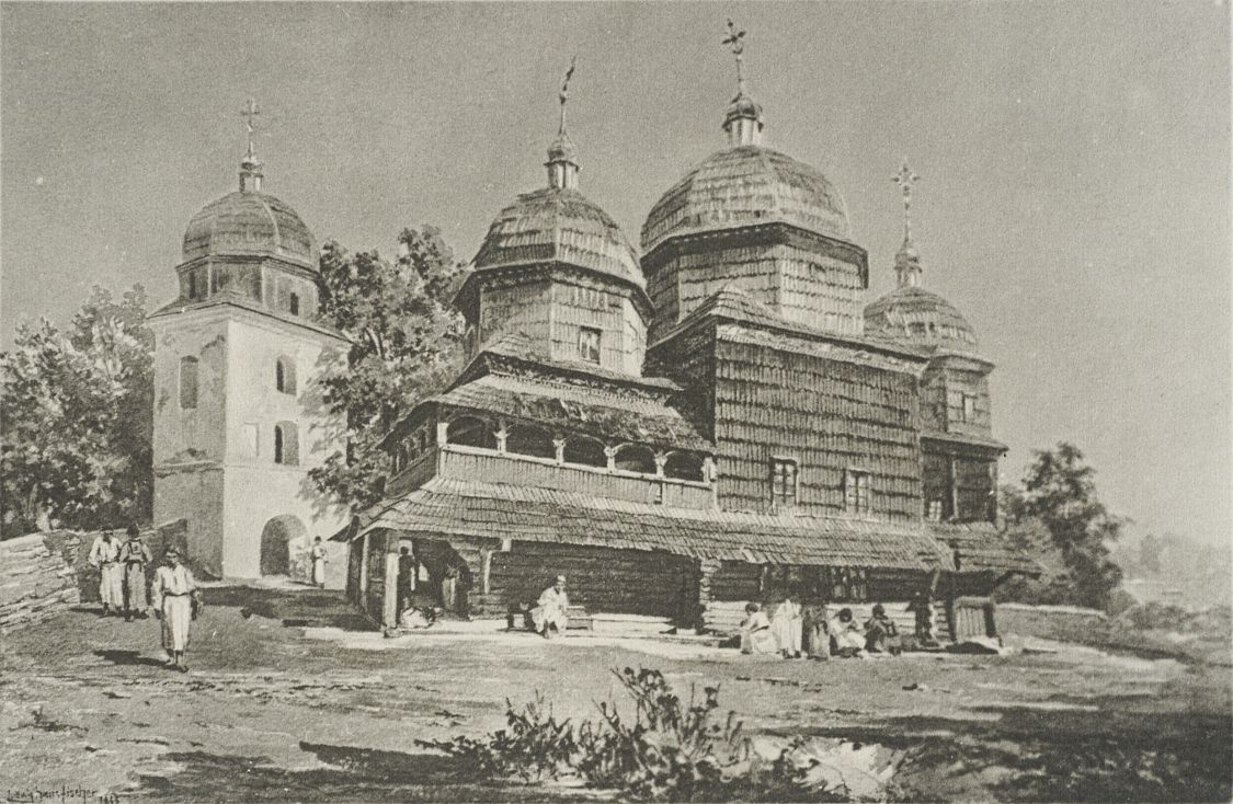 Церковь Николая Чудотворца, Роздол (Стрыйский район, Украина, Львовская область). архивная фотография, Фото 1906 г. https://polona.pl/item/die-alte-ruthenische-kirche-in-rozdol-l-h-fischer-palais-lanckoronski,NTgxNjIwMQ/