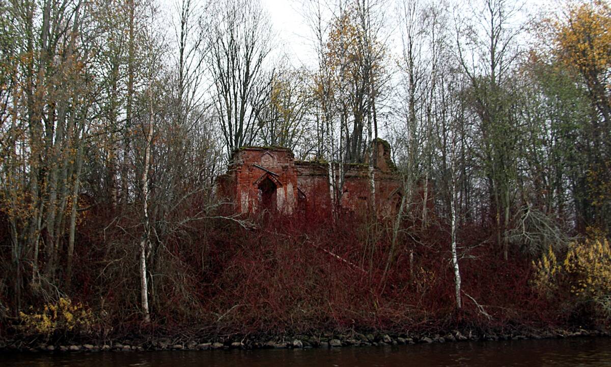 Церковь Успения Пресвятой Богородицы, Октября, остров (Успенский остров) (Волховский район, Ленинградская область). общий вид в ландшафте