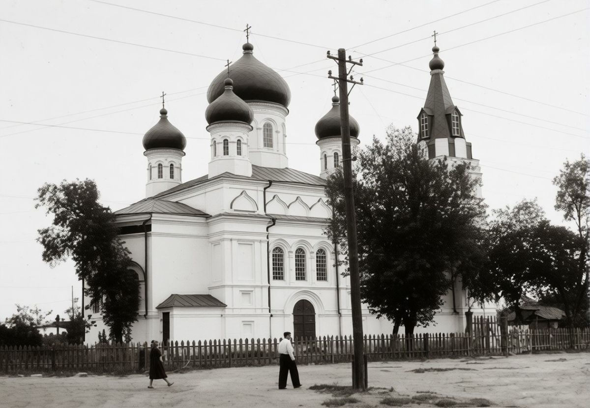 Вид на собор с северо-востока. Фото 1950-х годов из приходского архива, архивная фотография. Кафедральный собор Николая Чудотворца, Старобельск (Старобельский район, Украина, Луганская область)