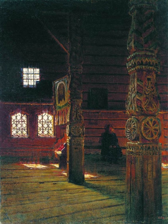 Церковь Петра и Павла, Кондратовская (Пучуга) (Верхнетоемский район, Архангельская область). графика, Верещагин Василий Васильевич. Внутренний вид деревянной церкви Петра и Павла в Пучуге. 1894 г