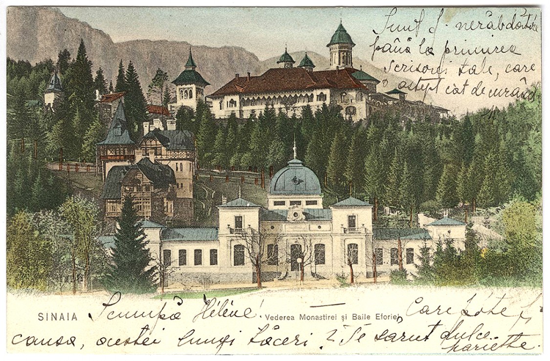 Монастырь Синая, Синая (Прахова, Румыния). архивная фотография, Фото с сайта: http://fototecaortodoxiei.ro/1652-carte-postala-color-reprezentand-manastirea-sinaia-baile-eforiei-spitalelor-civile-jud-prahova