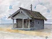 Неизвестная часовня, Часовня в первой четверти XX в. Акварель Ф.М. Вахрушова, ВГИАХМЗ., Спасский Погост, Тарногский район, Вологодская область