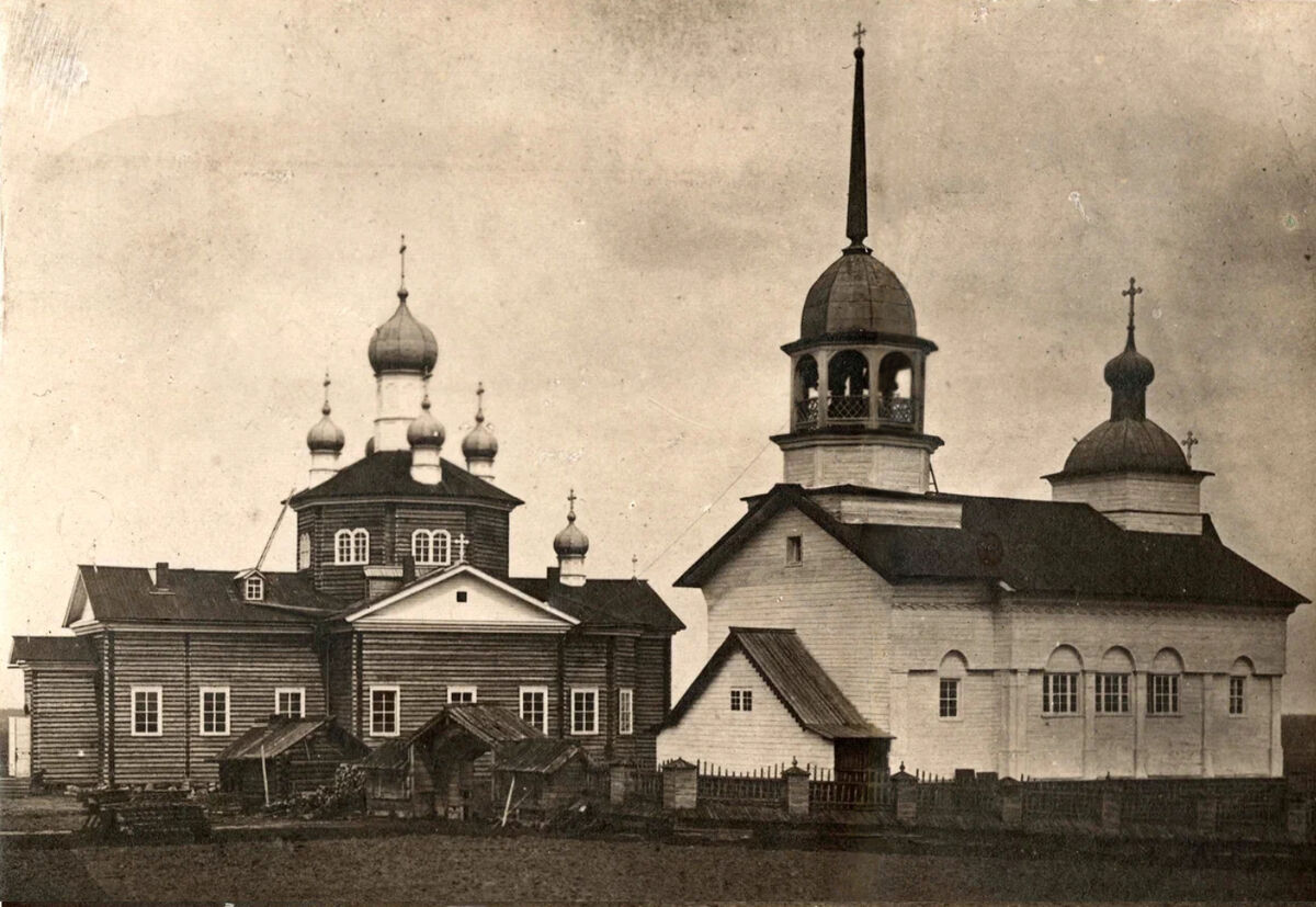 Храмовый комплекс. Церкви Николая Чудотворца и Троицы Живоначальной, Церковное (Бархатиха) (Плесецкий район, Архангельская область). архивная фотография, Вид с юго-запада. Фото предоставлено А. Бородиной-Королёвой