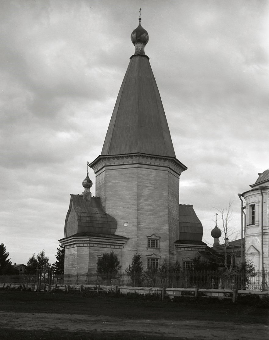 Церковь Благовещения Пресвятой Богородицы, Погост (Усть-Моша) (Плесецкий район, Архангельская область). архивная фотография, Вид с северо-востока. Фото К.Ф. Некрасова, начало 1910-х гг. onegaonline