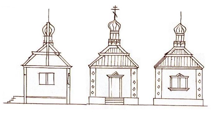 Часовня Тихвинской иконы Божией Матери, Шабеньга, урочище (Плесецкий район, Архангельская область). архивная фотография, Виды часовни с юга, с востока и с запада. Чертеж готовой часовни, 1881 год. Из книги плесецкого историка-краеведа Н.А. Макарова 